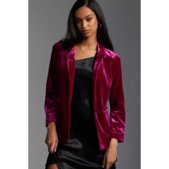BY ANTHROPOLOGIE Velvet Tulip Back Blazer Jacket Raspberry M NWOT - Picture 2 of 6